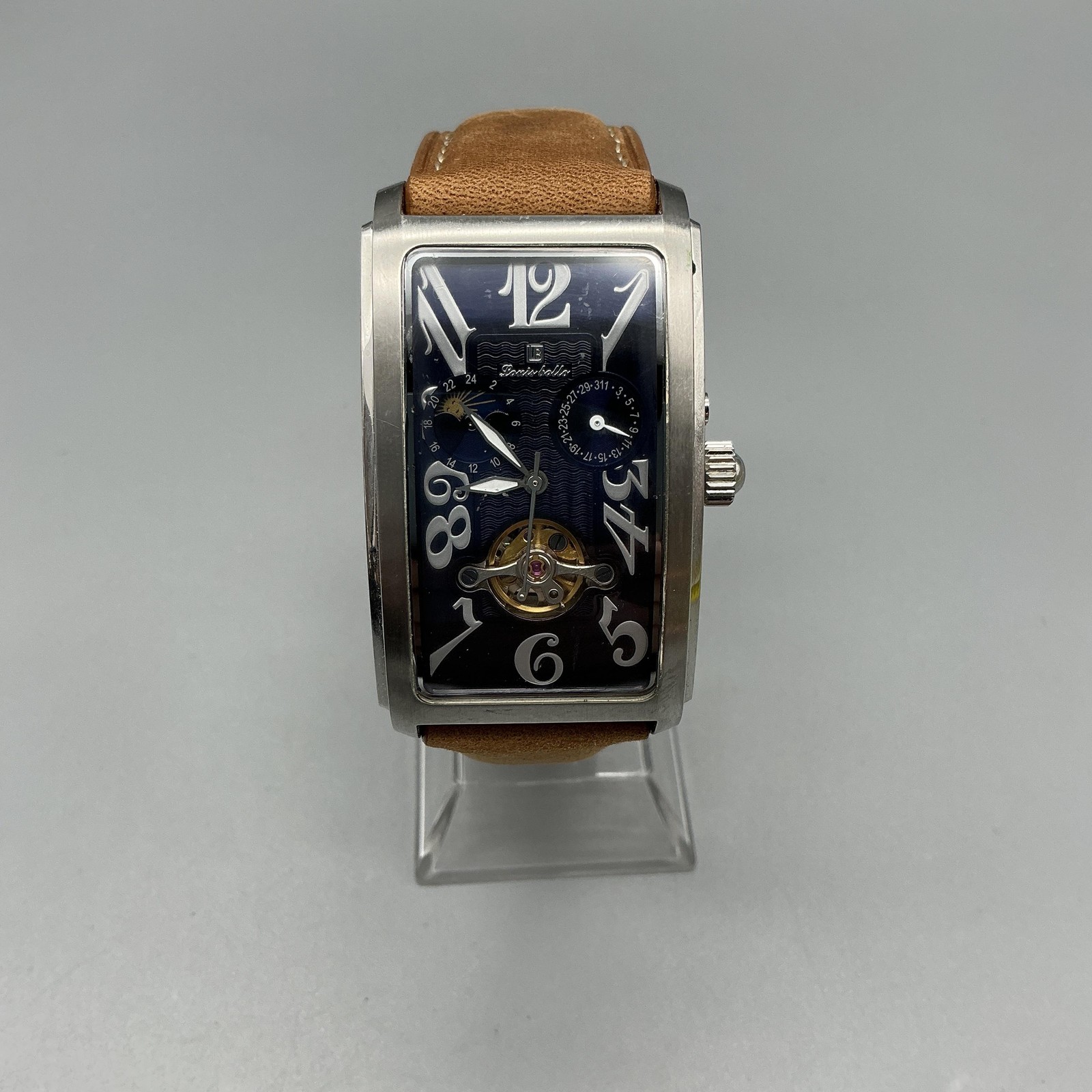 Louis Bolle A-5018-780 Mens Watch 27mm Day Night Date Tank Leather Automatic