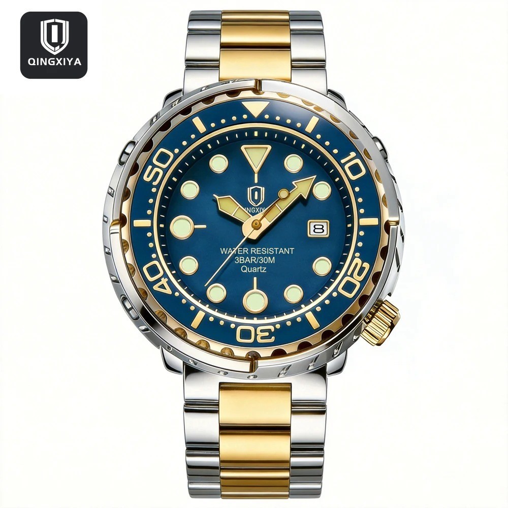 QINGXIYA —Diver-style “Tuna Can” watch — Stainless steel — Quartz —