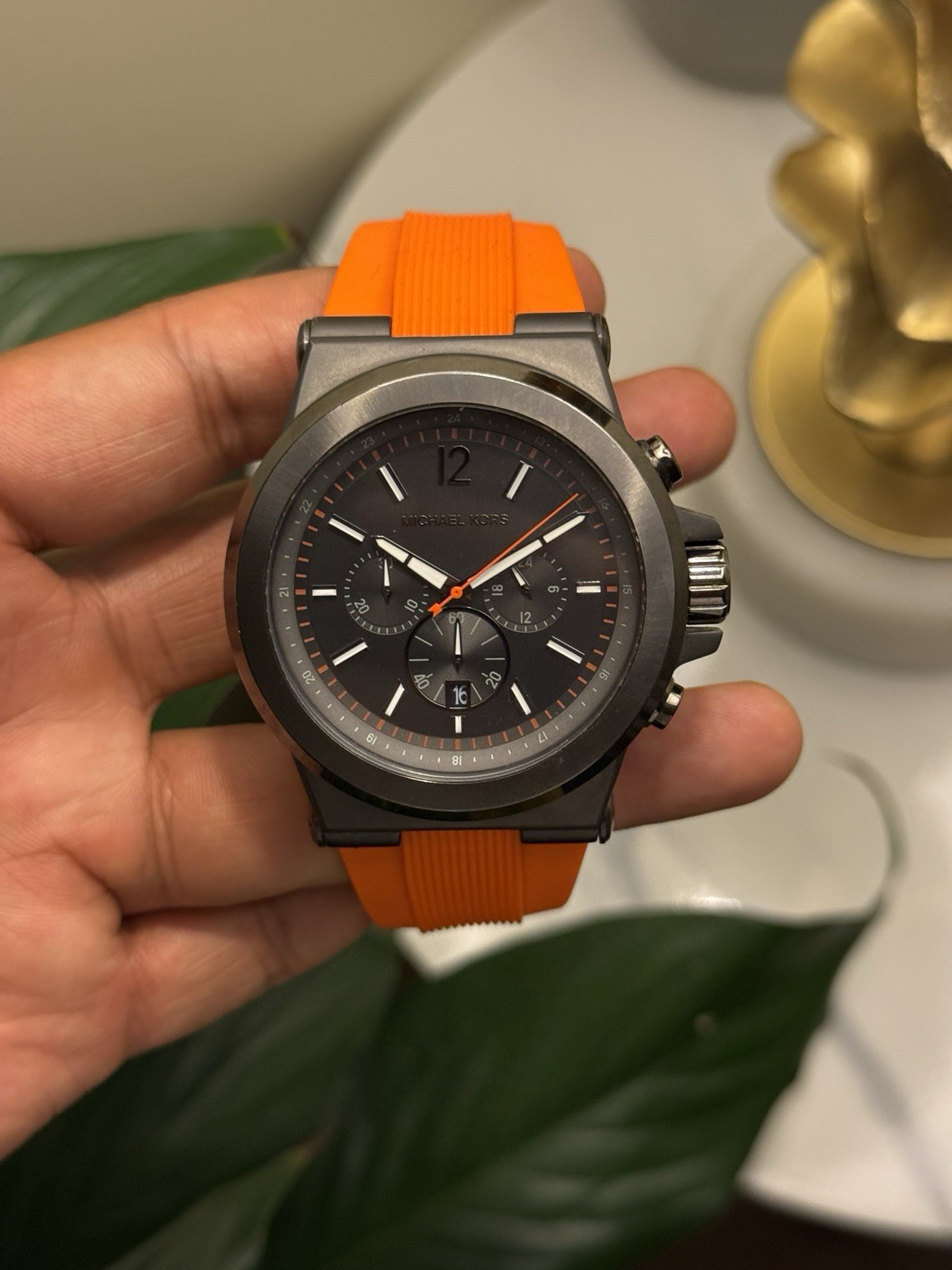 Michael Kors Gray Dial Chronograph Watch with Orange Strap Mens