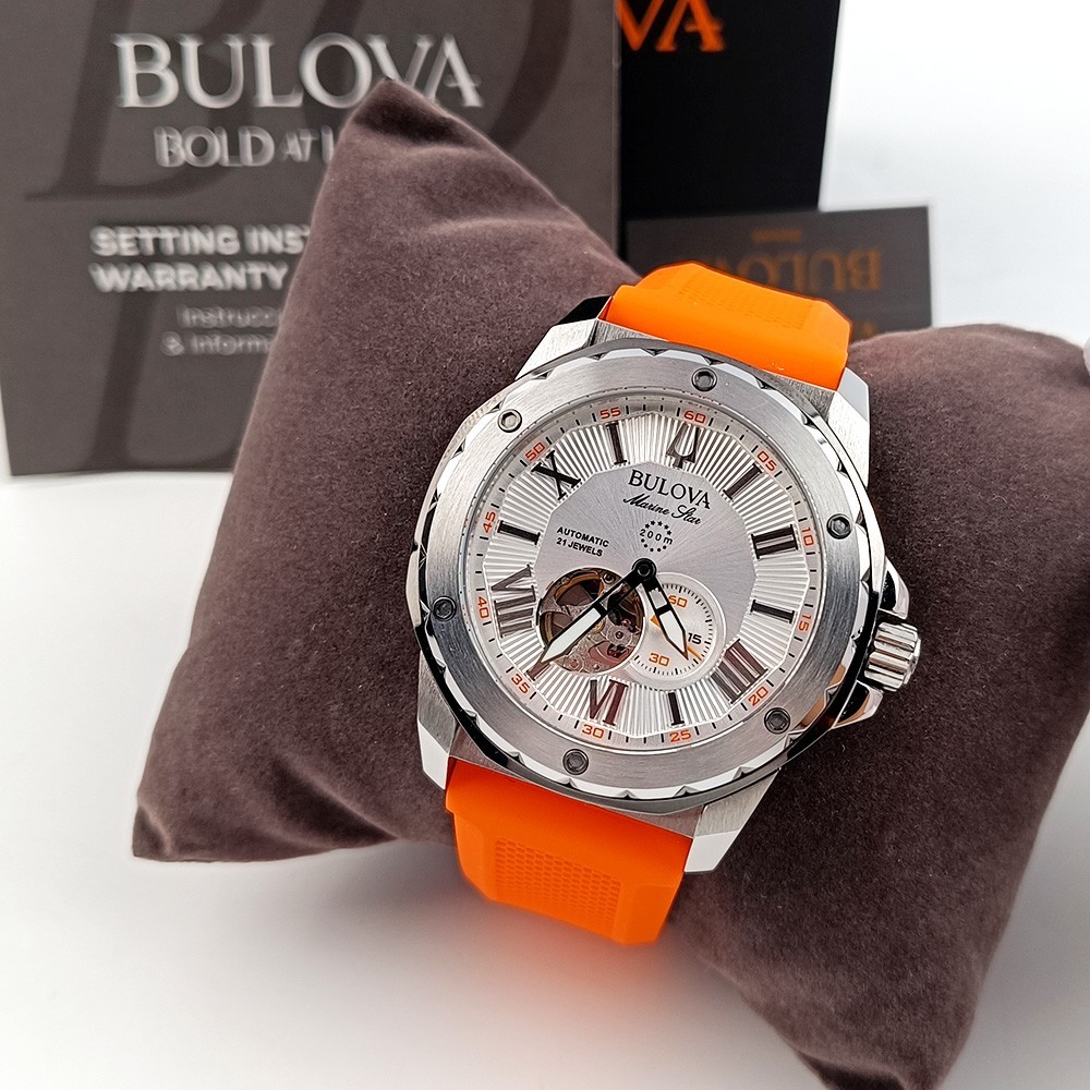 Bulova Marine Star 98A226 Silver Dial Orange Rubber Strap Automatic Men’s Watch
