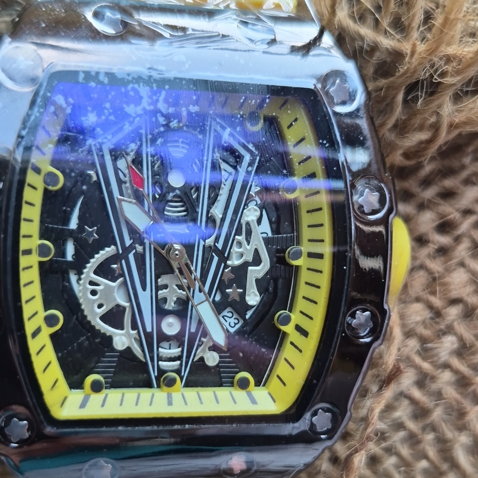 Sports Skeleton Dial Wristwatch Yellow Rubber Band Date Indicator Analog
