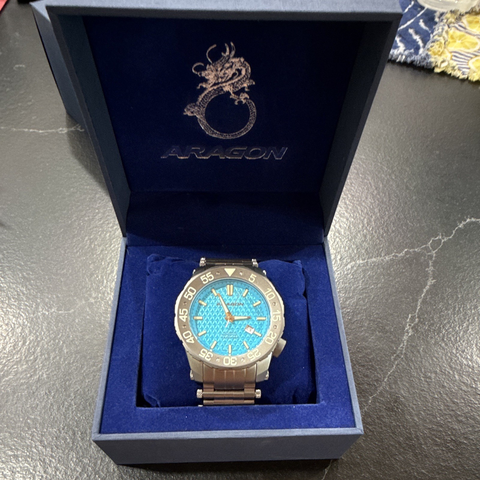 ARAGON Sea Charger Automatic 50mm Diver Blue Dial Titanium SS Bracelet w/ Box