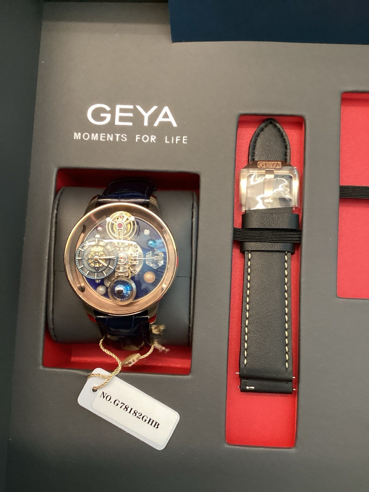 GEYA Men’s Automatic Skeleton Watch Blue Dial Gold Tone 44mm Box & Papers