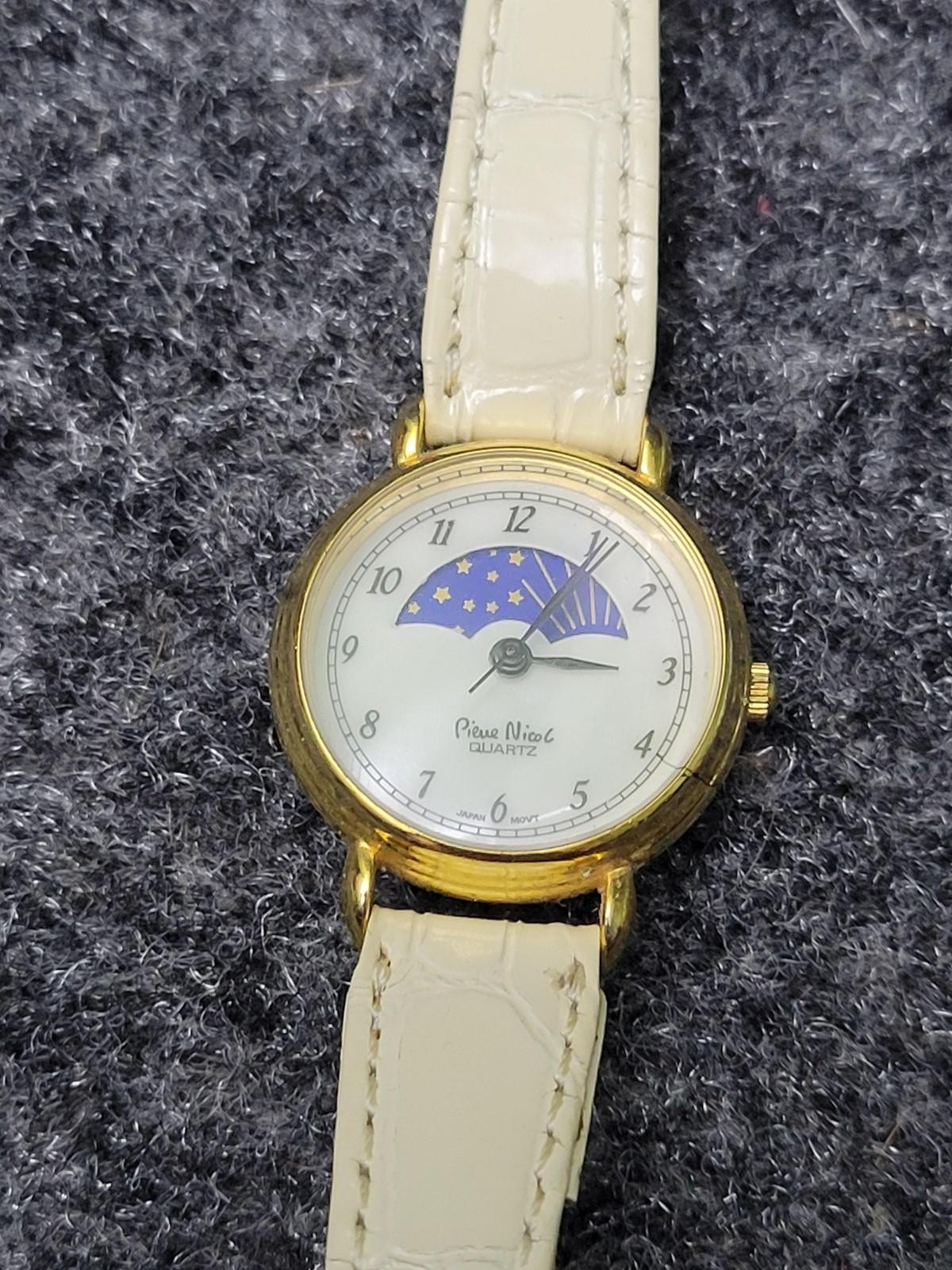 Pierre Nicol Womens Wristwatch Gold Case Beige Faux Leather Strap Quartz