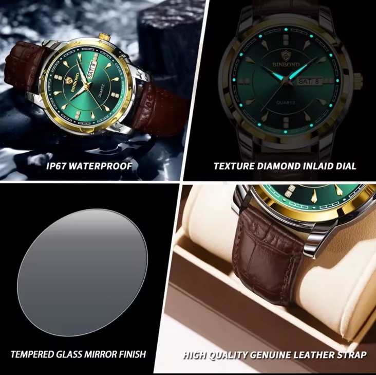Men’s Leather Quartz Watch Waterproof Luminous Date Week Business Original