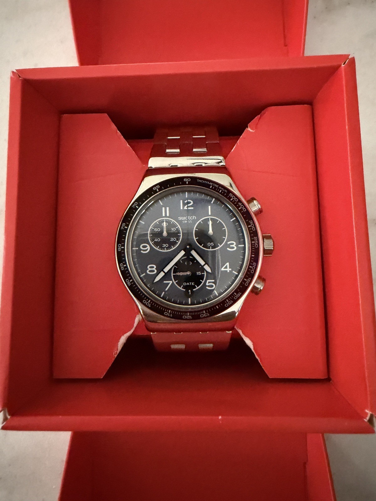Swatch Unisex Watch Core Boxengasse Chrono Blue and Black Dial Bracelet YVS423GC