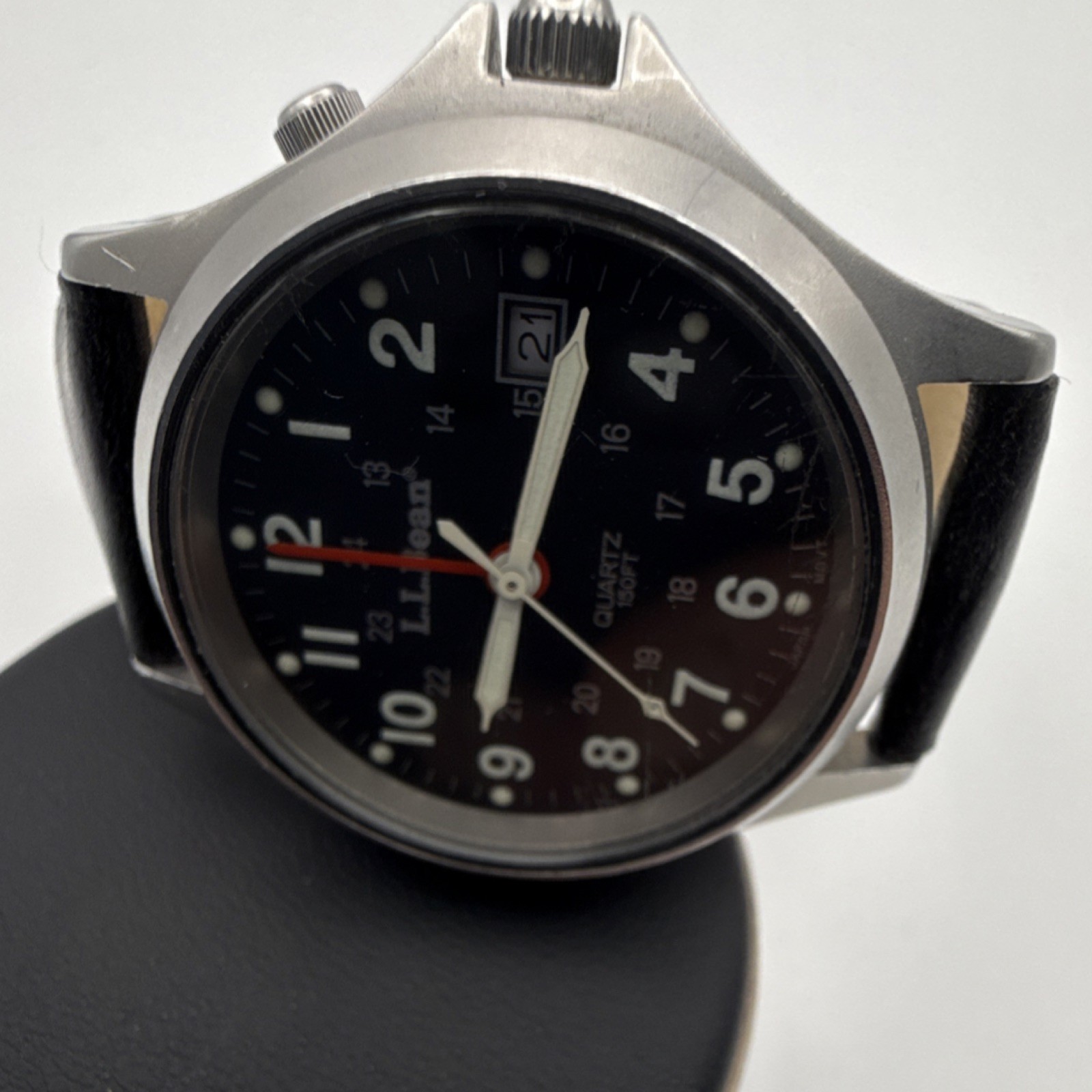 L.L.Bean Men’s Quartz 150FT Stainless Steel Black Dial Leather Watch Date