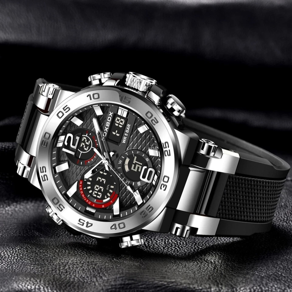 LIGE FOXBOX Men Watch Quartz LED Digital Analog Luminous Waterproof Wristwatch