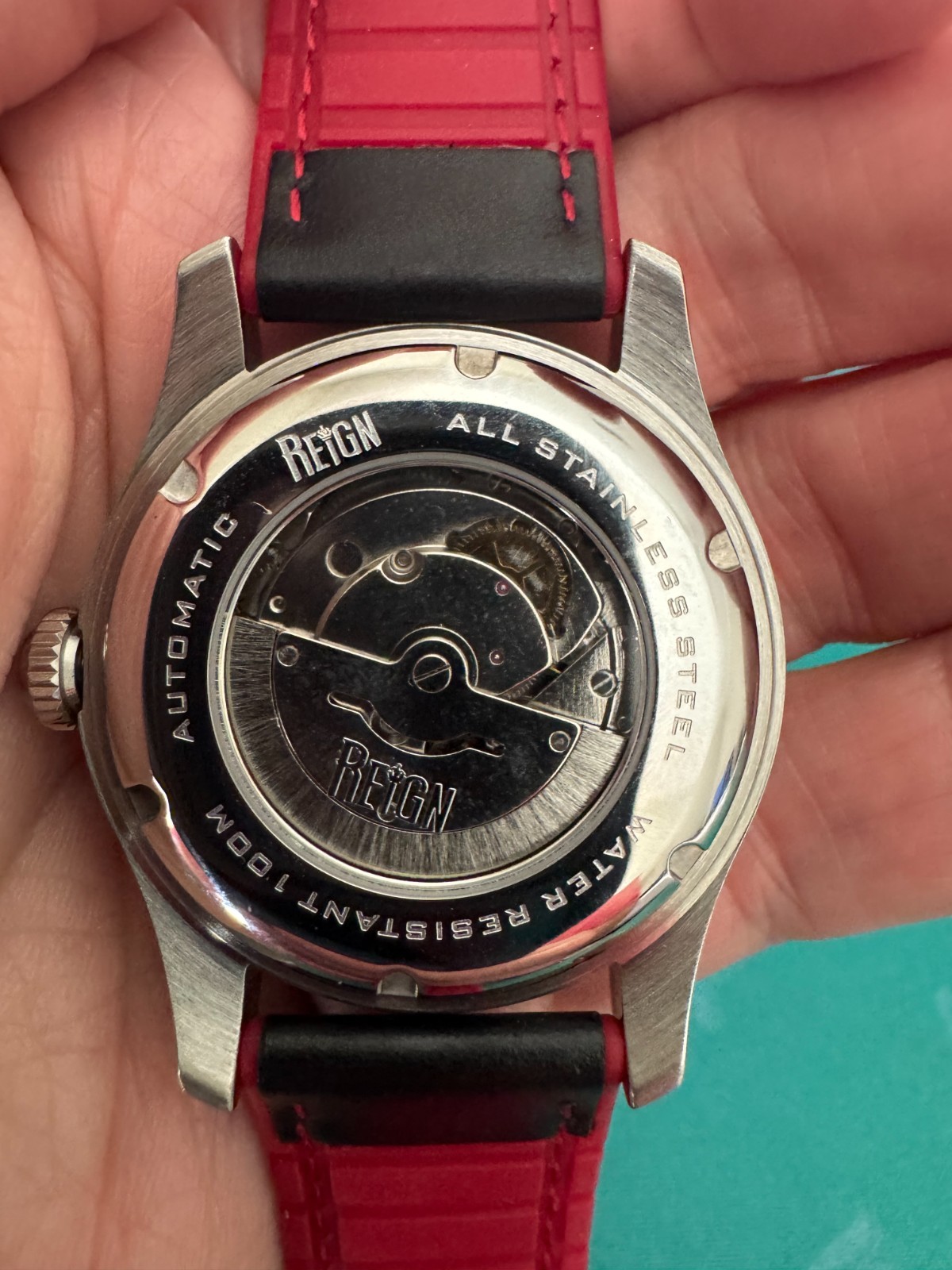 Reign Elijah Automatic Rubber Inlaid Leather-Band Watch W/Date – Black/Red