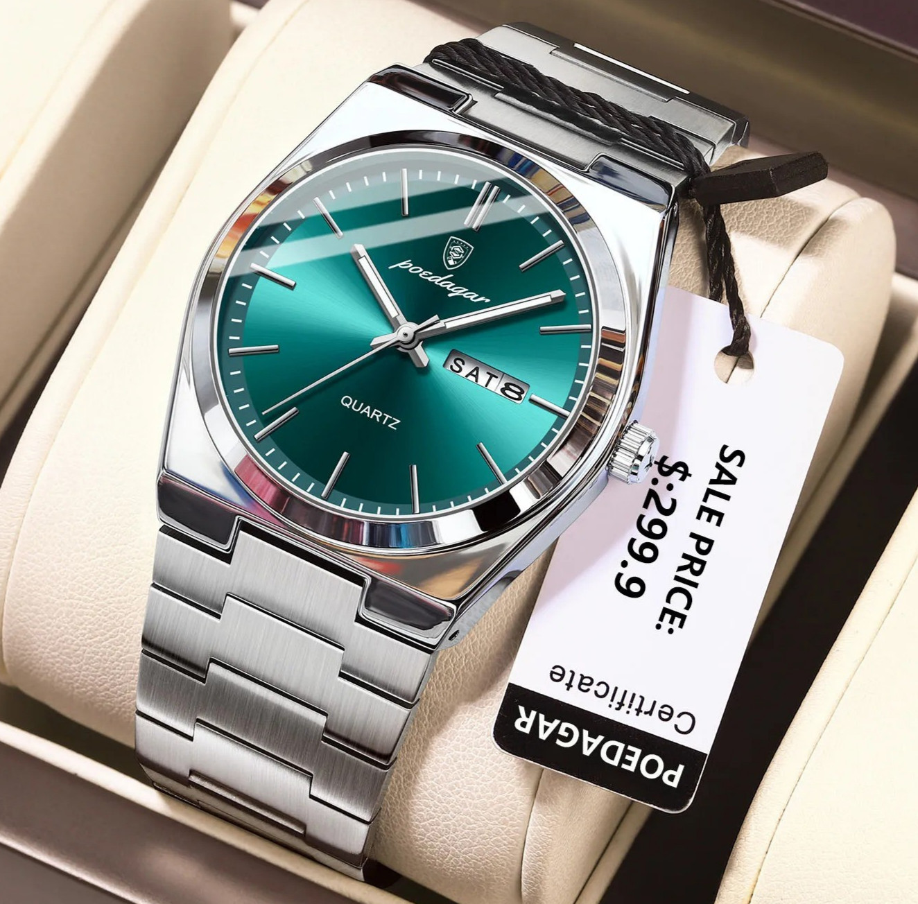 POEDAGAR Men’s Quartz Watch Stainless Steel Waterproof Day Date Luminous