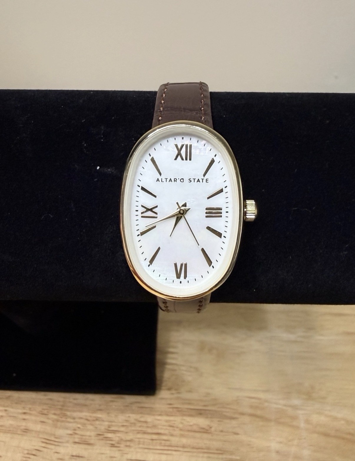 Altar’d State Quartz Oval Gold Tone White Roman Dial Brown Leather Watch