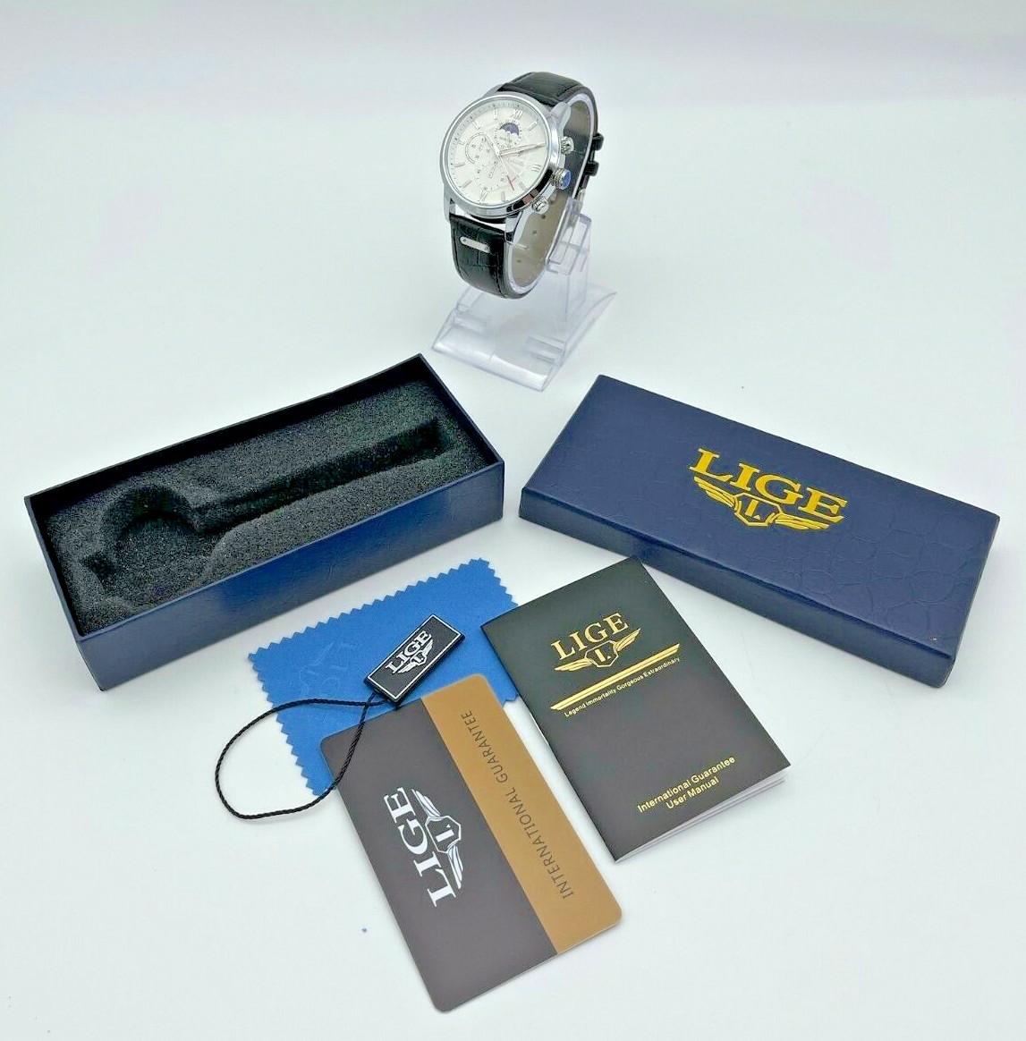 NEW Men’s LIGE Silver Tone Moonphase Chronograph Black Leather Dress Watch