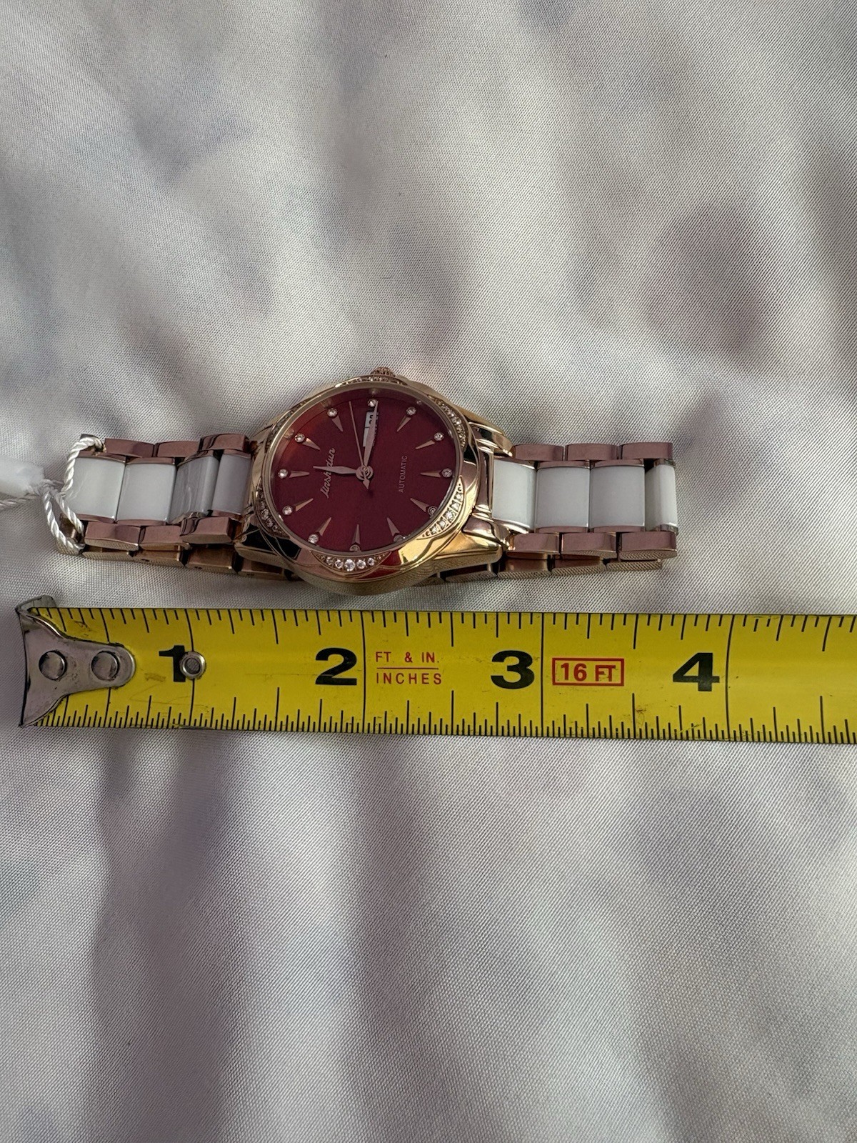 JSDUN Ladies Stainless Mechanical Watch Red Face Gold Tone Elegant Gems Date NIB