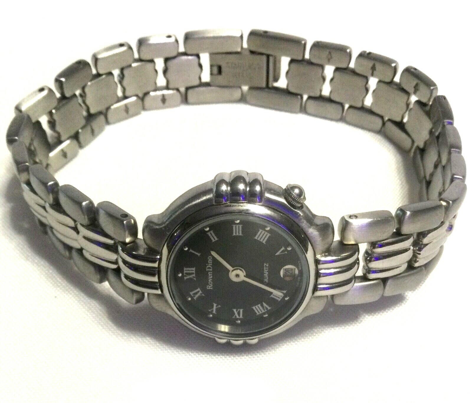 RARE LADIES ROVEN DINO SWISS WATCH Solid Stainless Black Dial & Silver Numerals