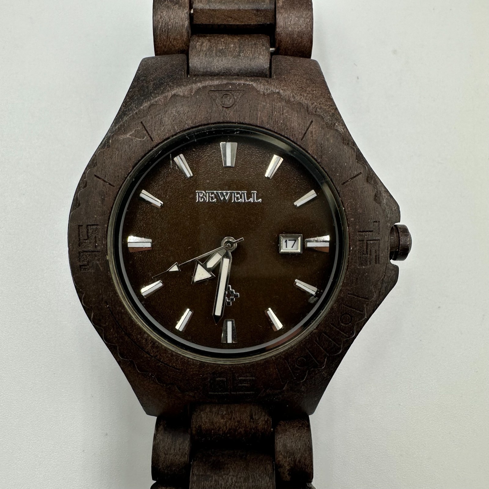 Bewell Thanatos Watch Men Dark Brown Wooden Date Window 47MM Dial New Battery