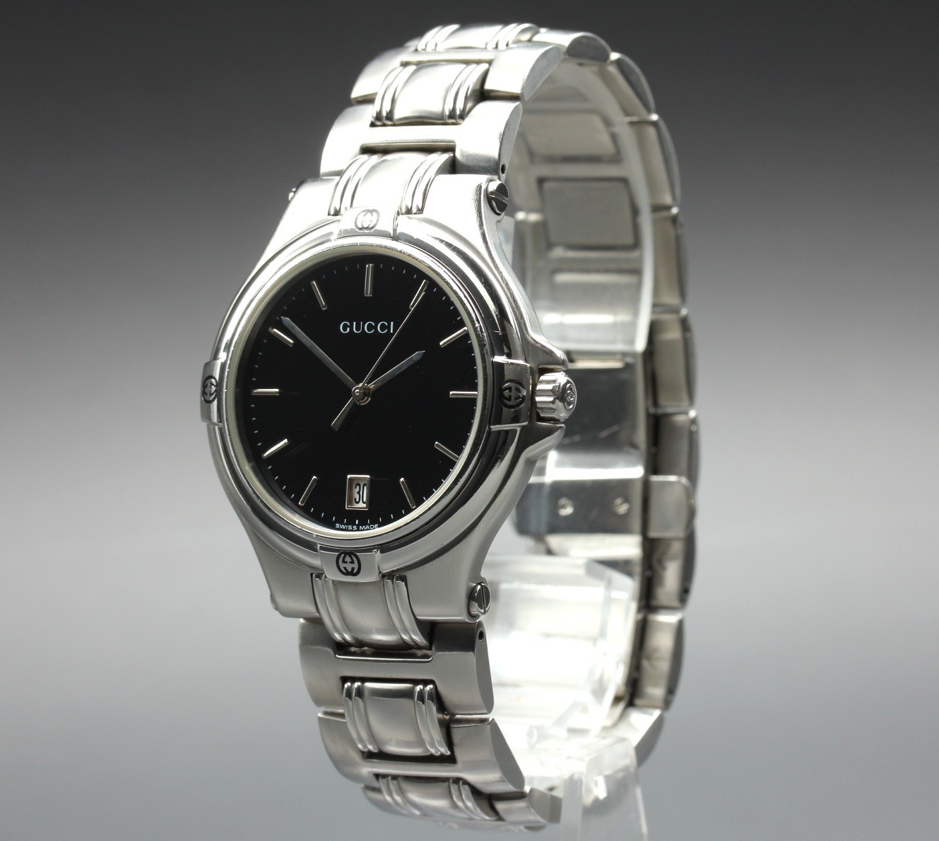 [MINT w/Box] Vintage Gucci 9040M 35mm Black Dial Silver Date Quartz Men’s Watch
