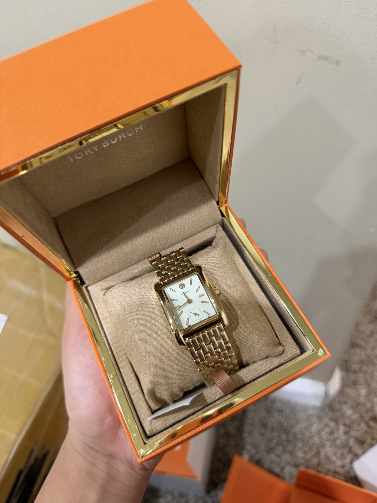 Tory Burch Rectangle Quartz Analog Watch Gold-Tone Bracelet White Dial Box