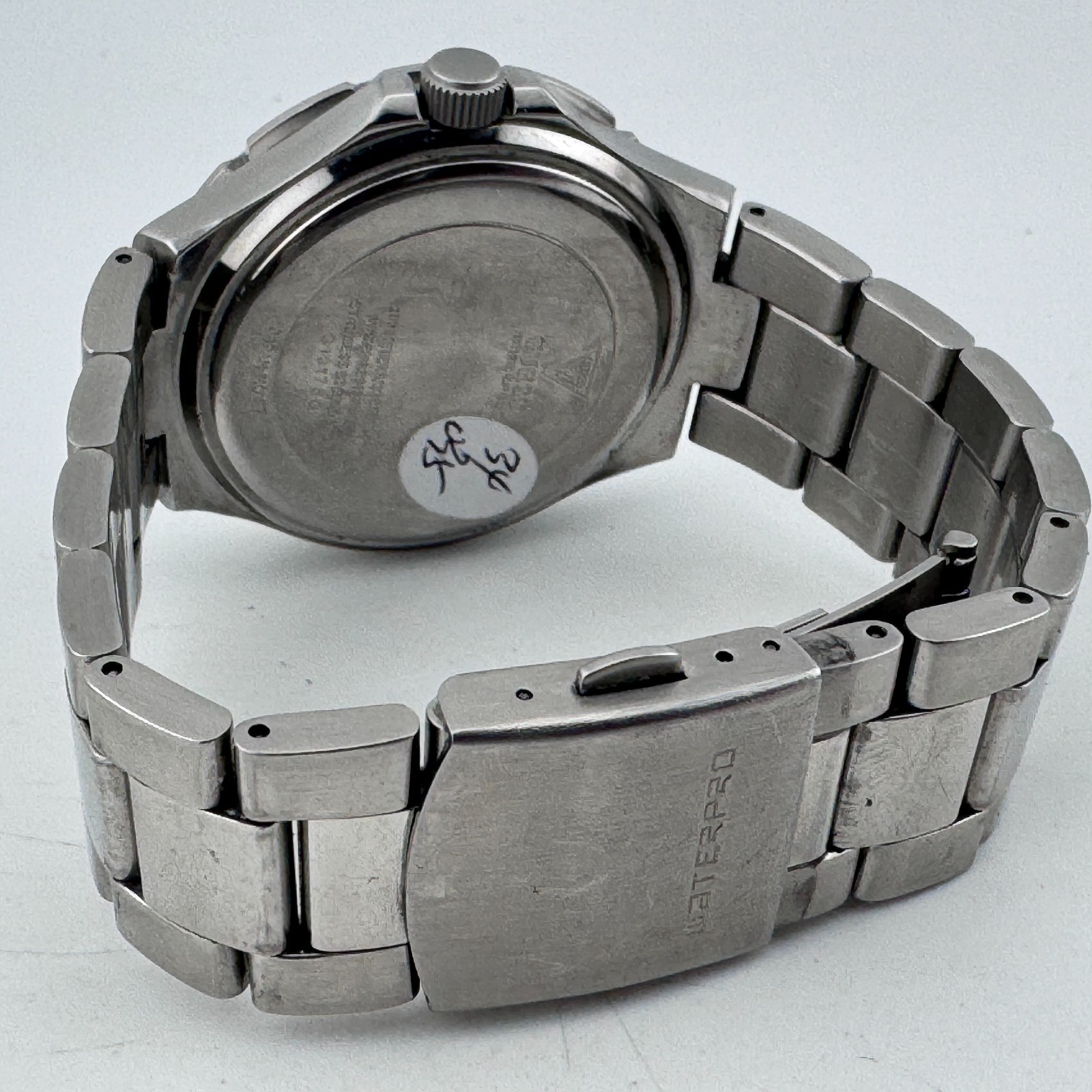 Guess Quartz Watch Men 100m Silver Black Fixed Bezel Day Date New Battery 7.5″