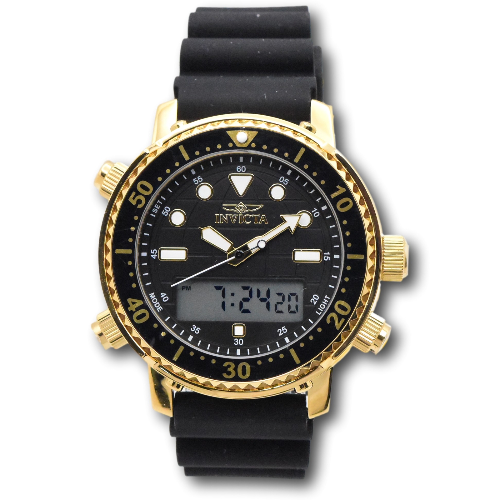 Invicta Pro Diver Men’s 46.5mm Gold Dual Time Digital Ana-Digi Watch 48369
