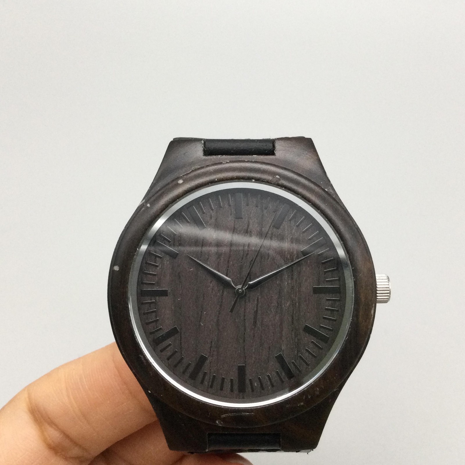 Mens Watch 45mm Dark Brown Stained Wood Case Brown Dial Black Leather Band