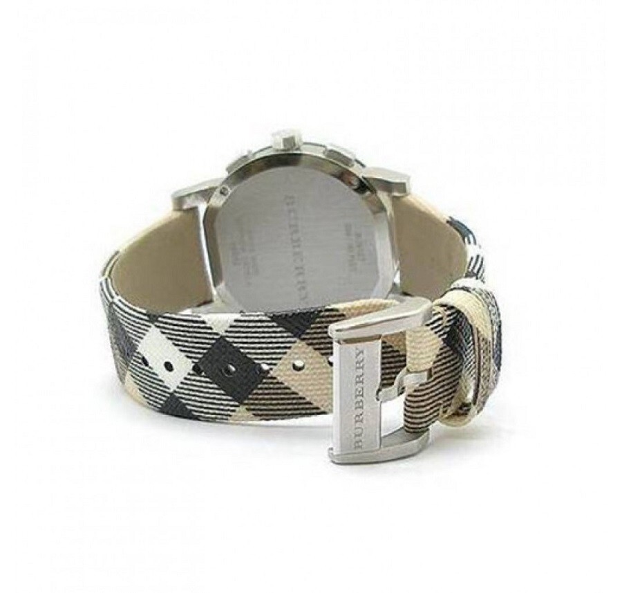 BURBERRY MENS WATCH MULTICOLOUR LEATHER AND FABRIC STRAP WITH SILVER DIAL BU9357