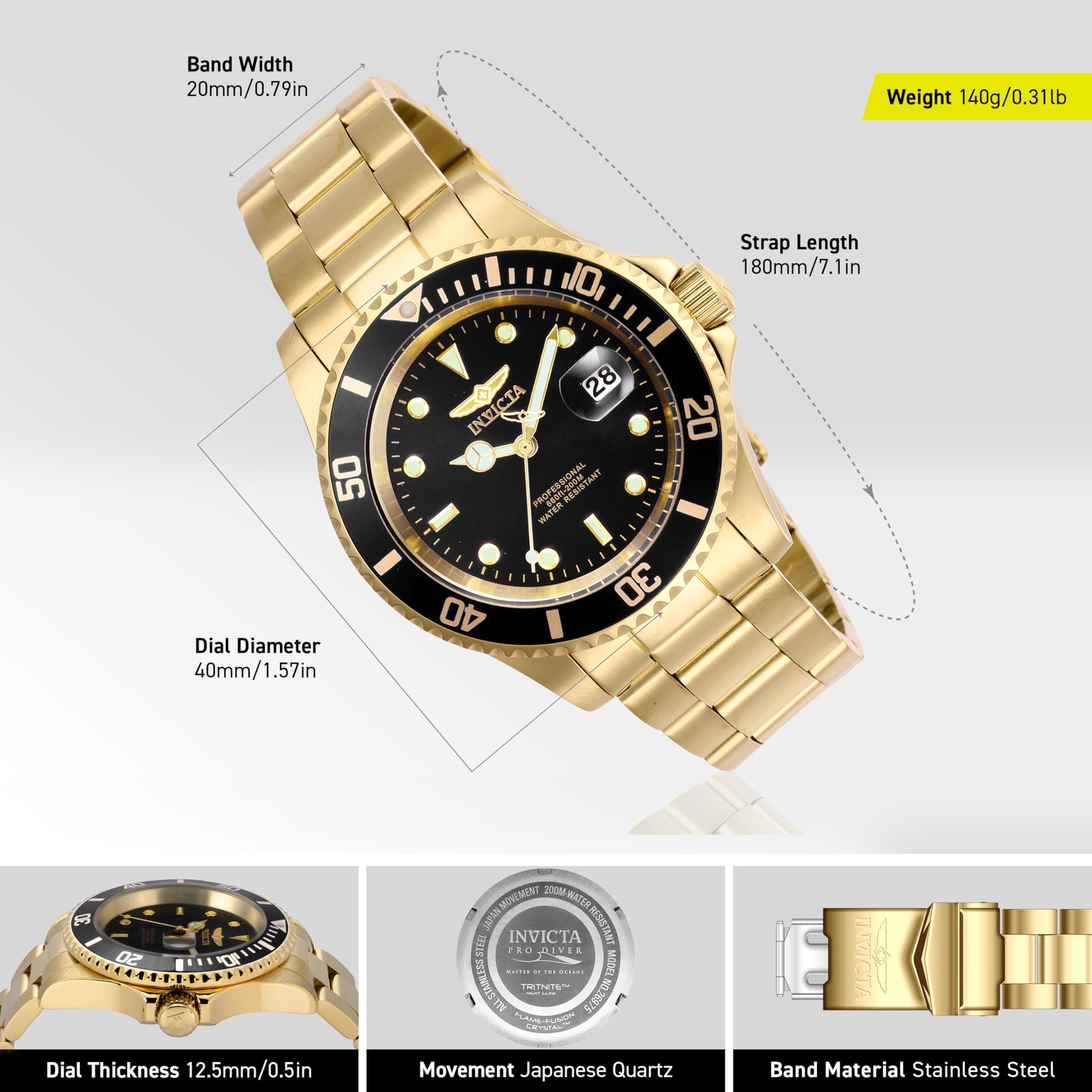 Invicta Men’s Pro Diver Quartz Watch with Stainless Steel Strap, Gold, 20