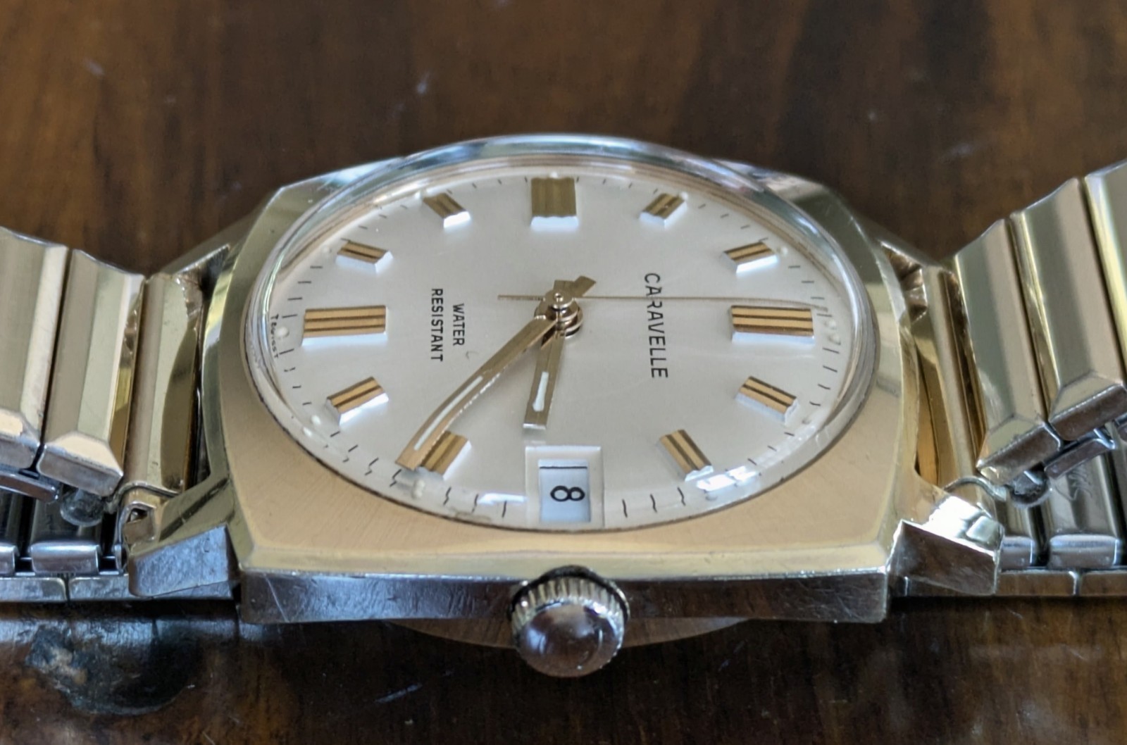 1972 Caravelle Watch Cushion Style Manual Wind Movement Swiss Made 32m Runs Fast