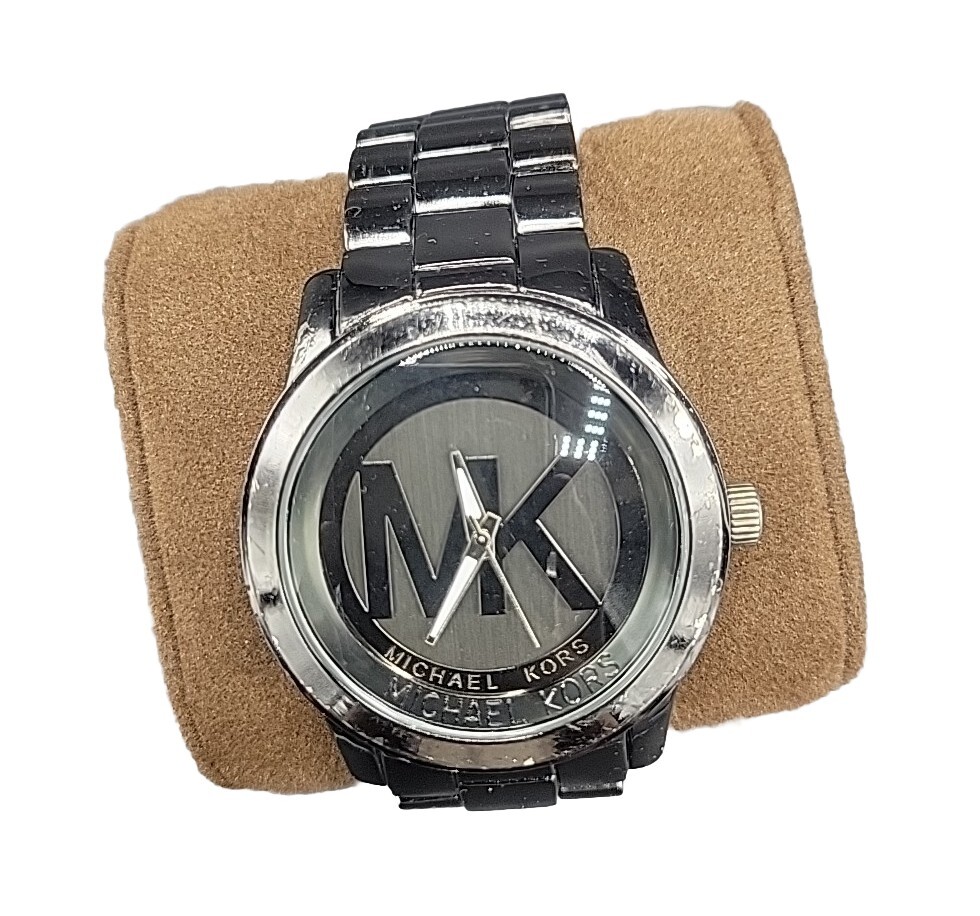 Michael Kors MK-1126 Hematite-Black Logo-Faced Stn.Steel 100m(10ATM) VTG Pre-own