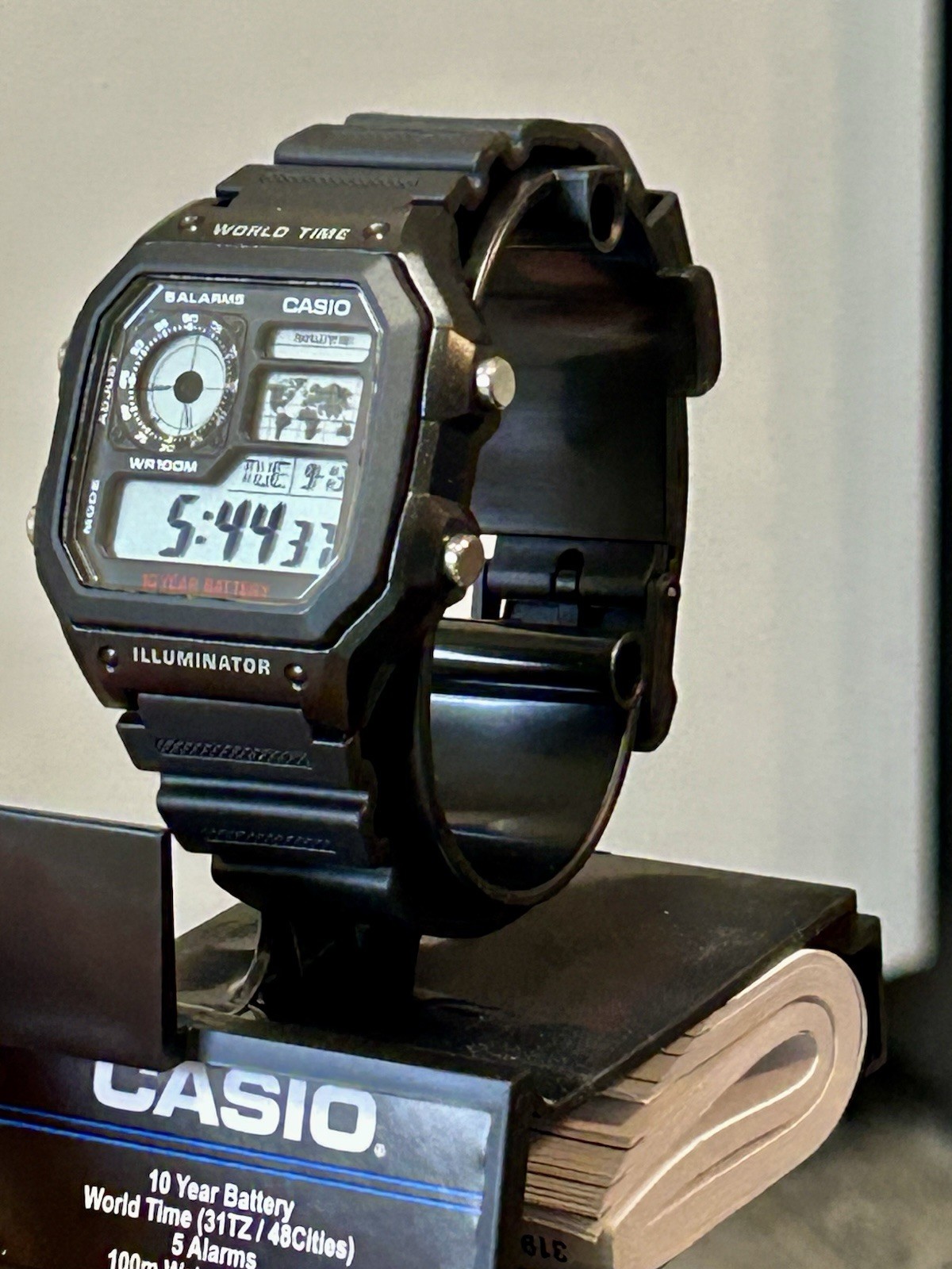 Casio World Time, 45mm, 8.5”, New Never Worn, In Box/Papers