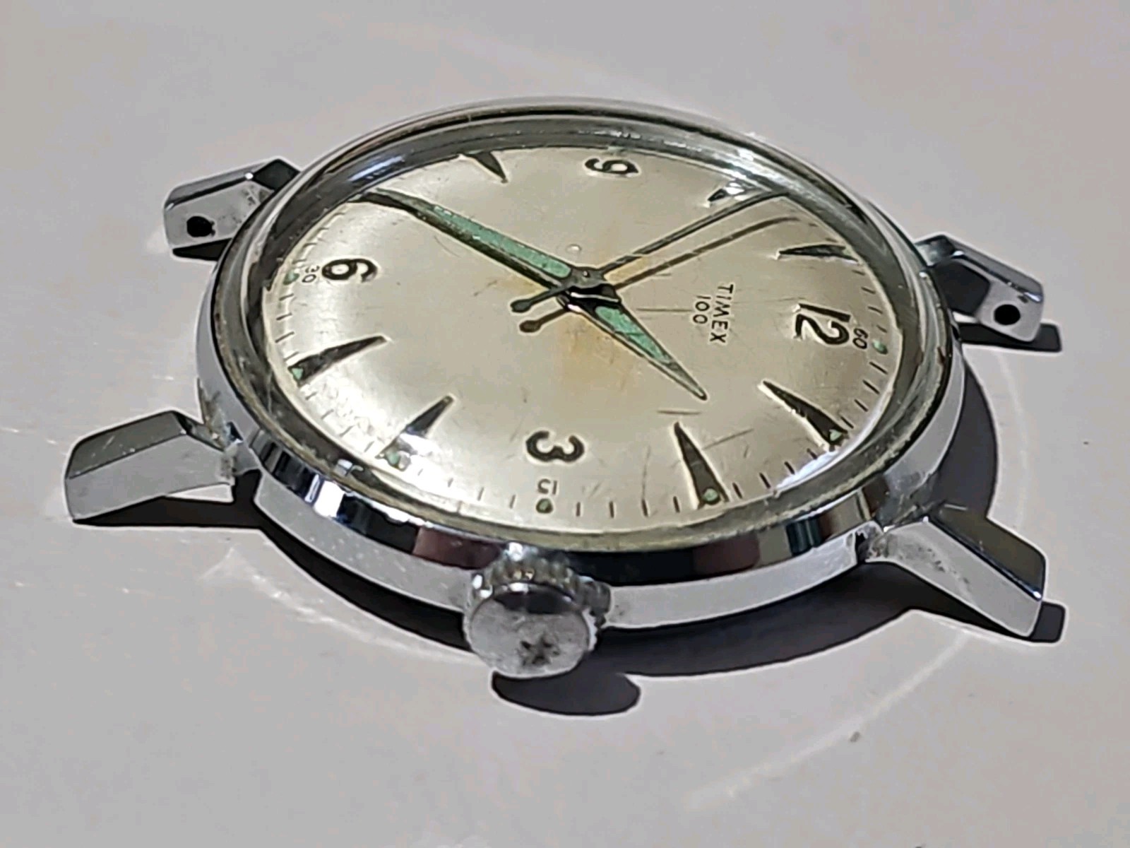 1958 Timex 100 Men Manual Wind Watch Chrome Plate Run/Stop Luminous Hands 10A58