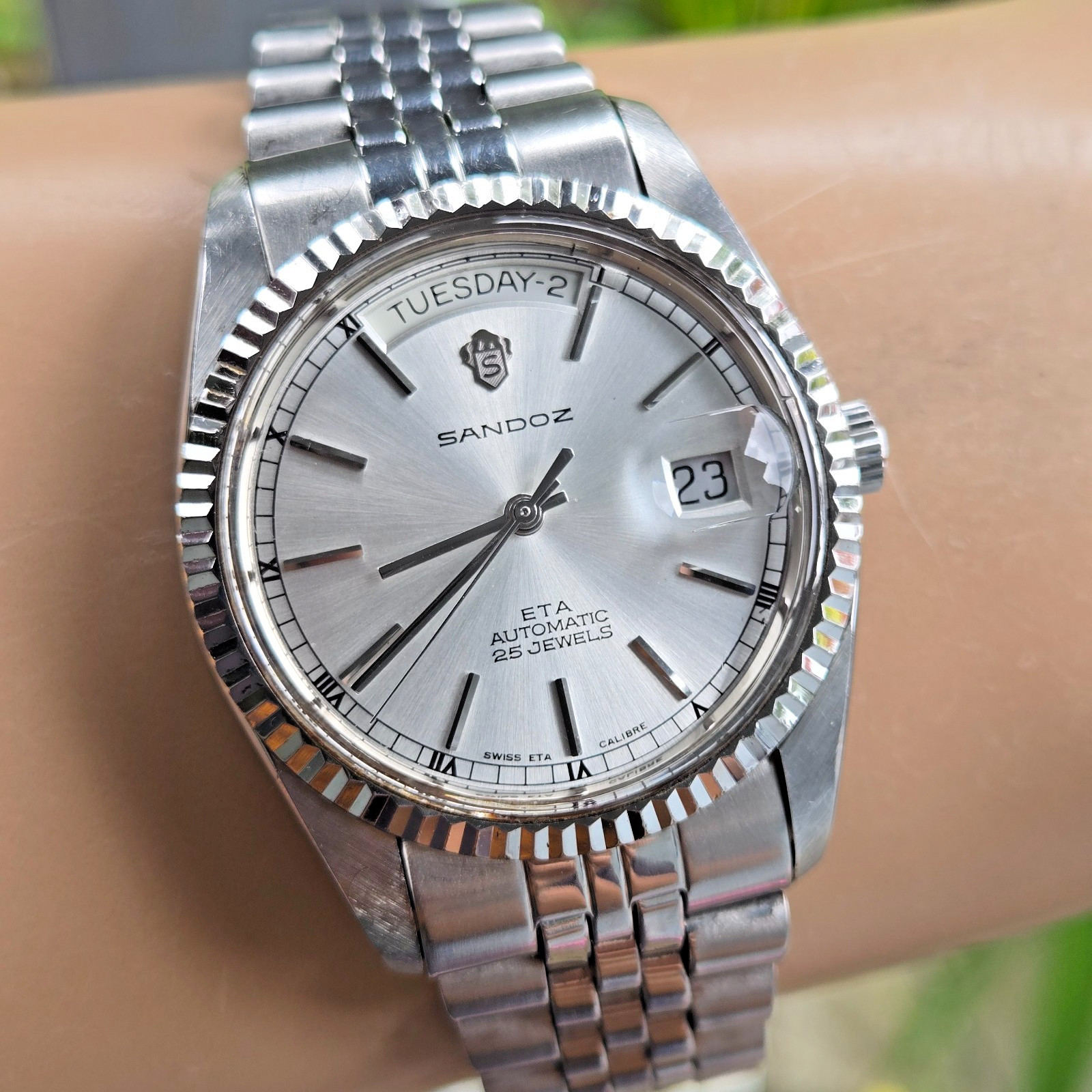 SANDOZ men’s automatic watch day/date ETA 2834-2 25Jewels swiss made 1990s