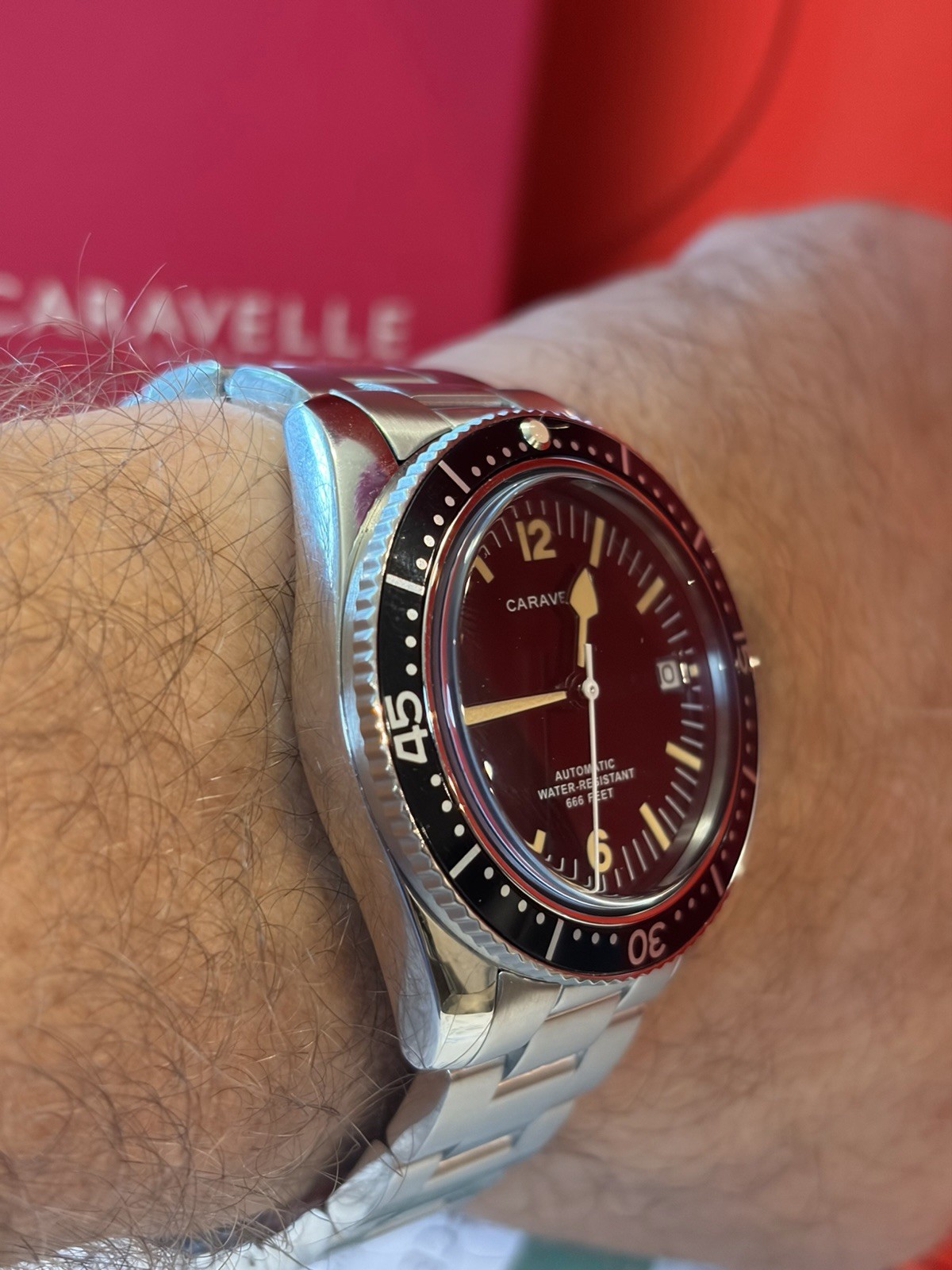 Caravelle Automatic Diver Date Black Dial 40mm Steel Bracelet 666ft Box Papers