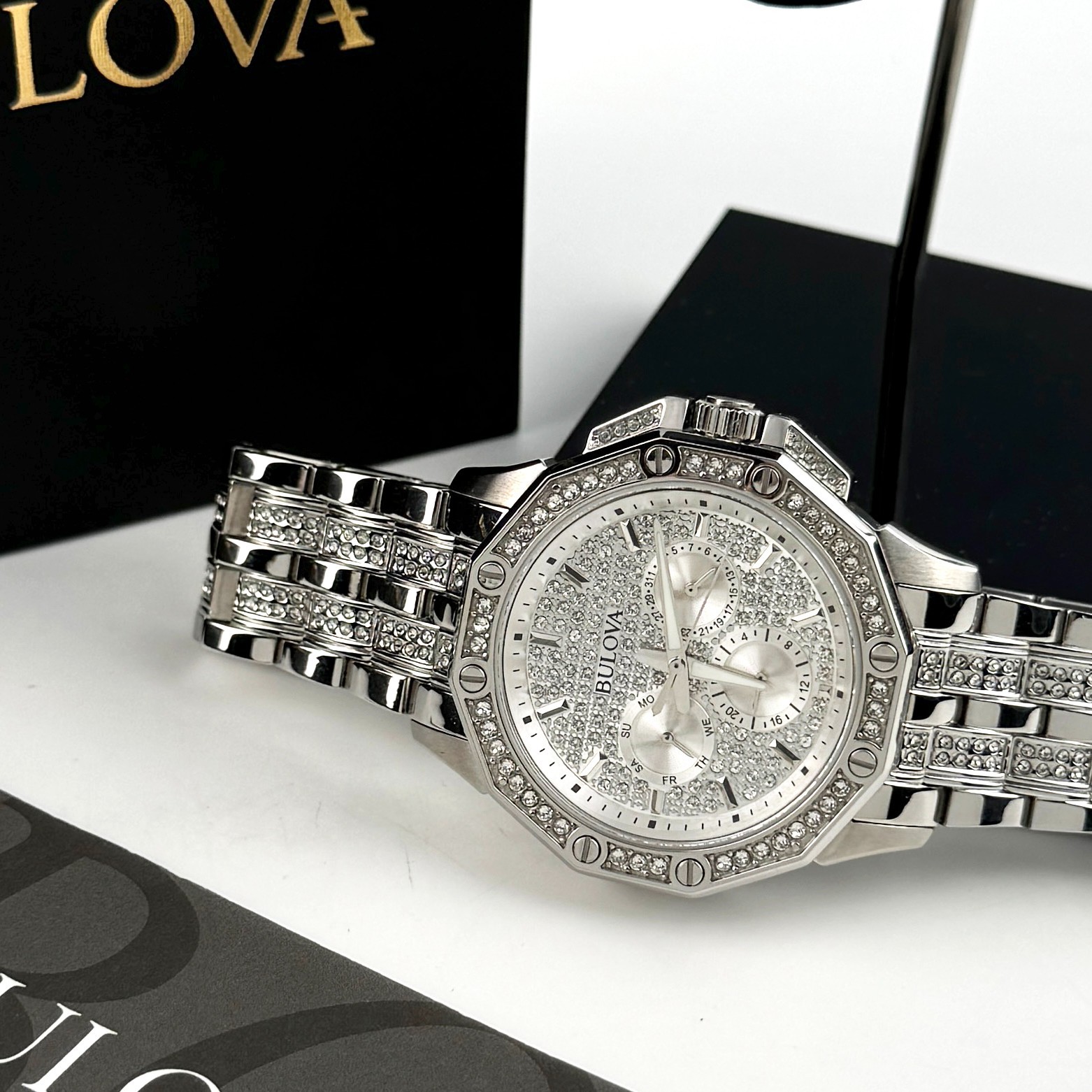Bulova Octava Crystal 96C134 Silver Pave Dial Quartz Stainless Steel Men’s Watch