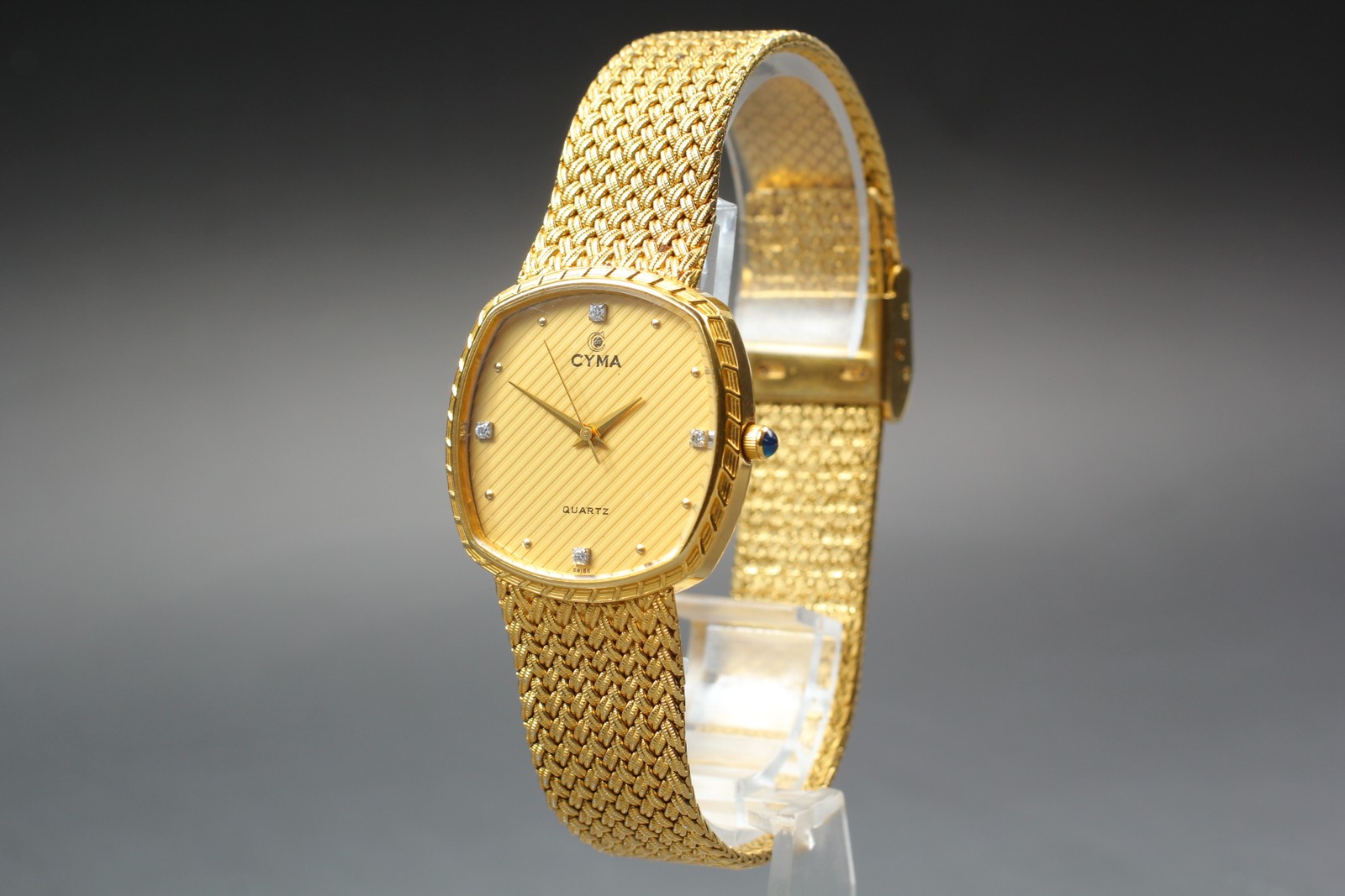 [Near MINT] Cyma 604SP Gold Dial Diamond Markers 30mm Swiss Square Watch JAPAN