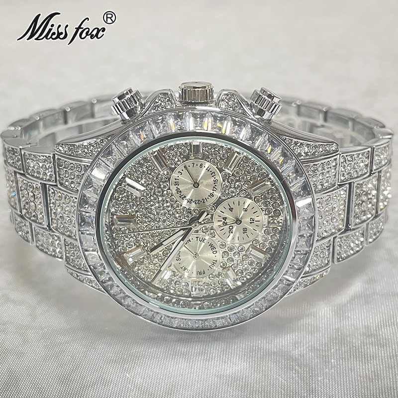 Hip Hop Luxury Silver Ice out Men’s Watch Iced King Bling Waterproof Cz Diamond