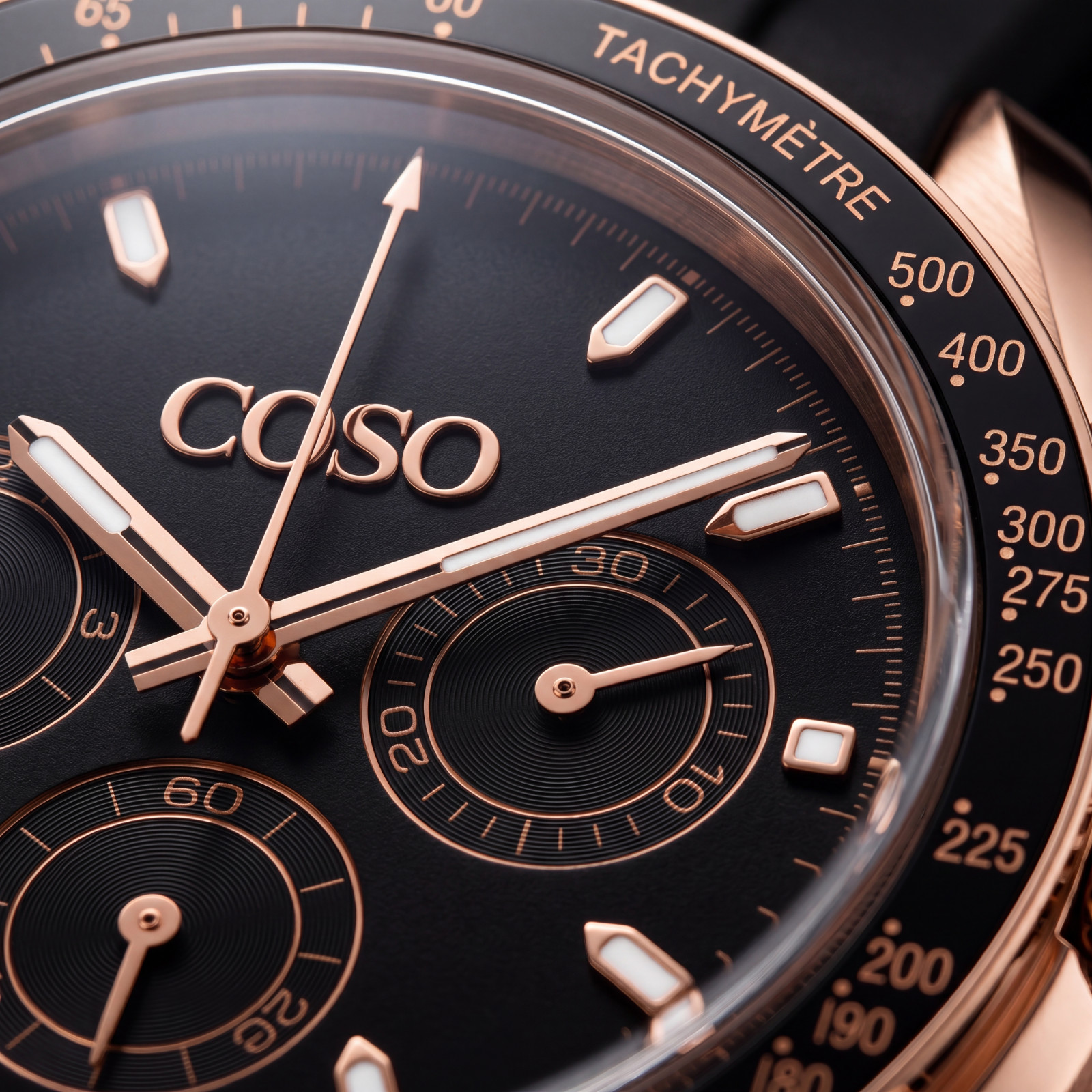 COSO Torvex Chronograph Mens Watch Rose Gold Black Dial Black Bezel Rubber Strap