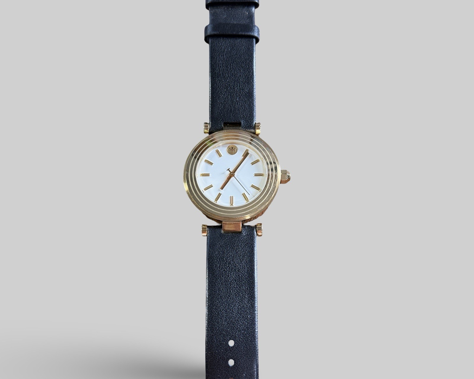 AUTHENTIC Tory Burch Classic-T Ivory Dial Black Leather Strap Watch TBW9003-USED