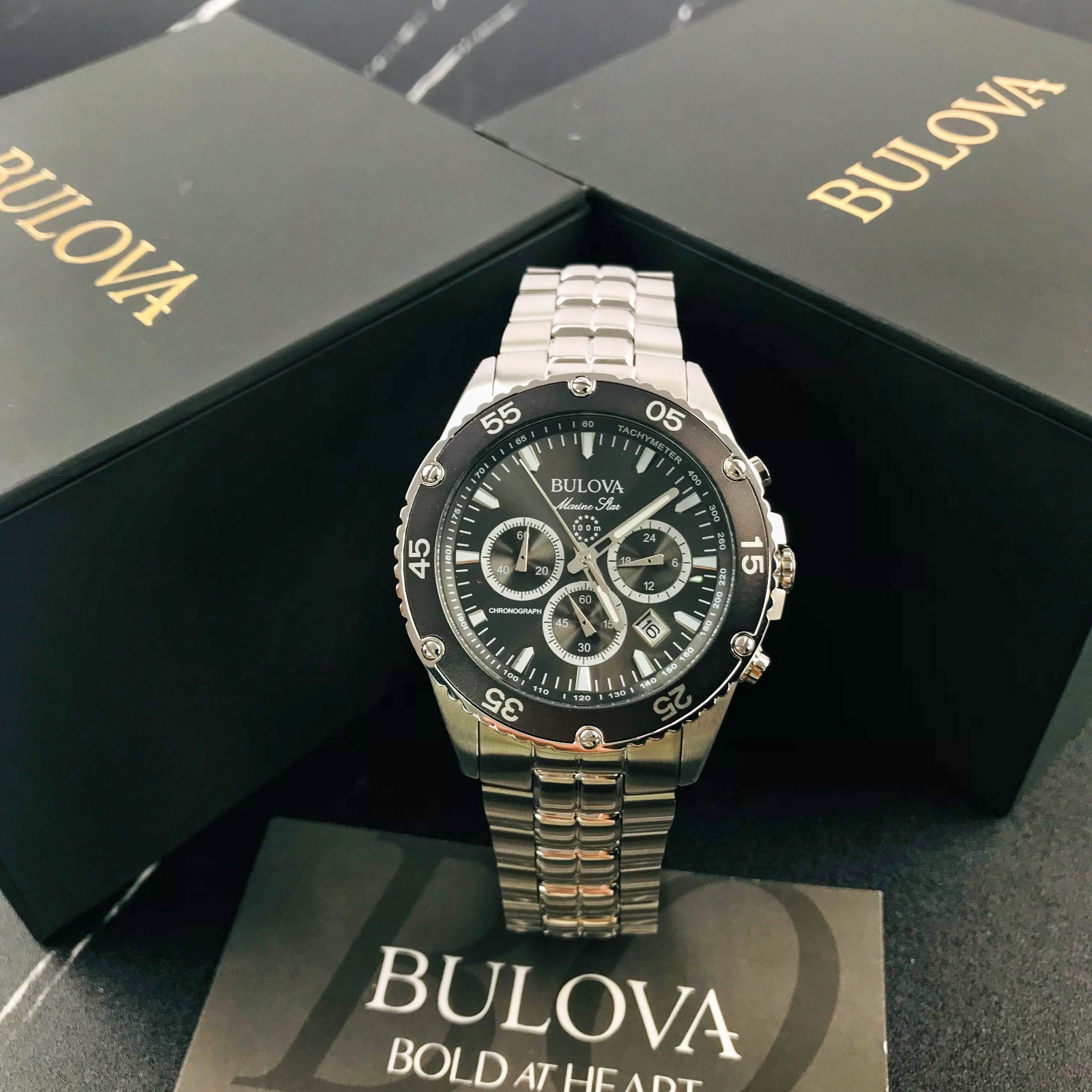 Bulova 98B401 Men’s Marine Star Quartz Chronograph Black Dial Steel Watch 41.5mm