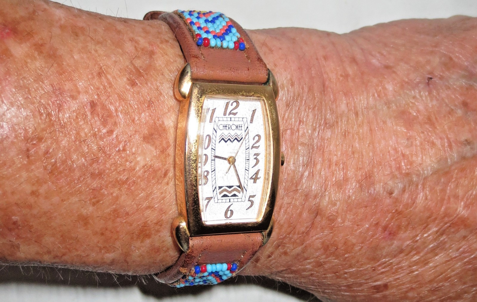 Native American Cherokee Wristwatch Tank Style Aztec Design Dial & Beaded Band