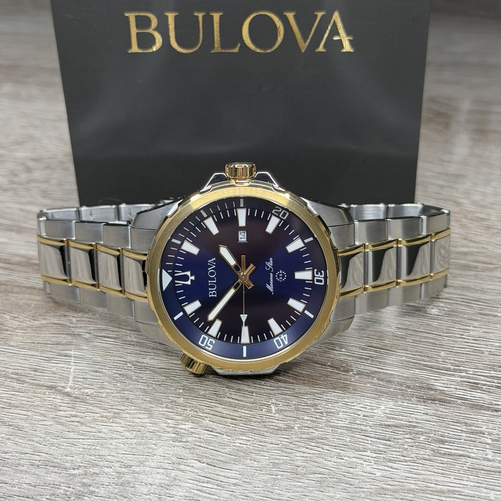 SPORT✅ Bulova Marine Star Blue Dial Calendar Two-Tone Men’s Watch 43mm 98B384