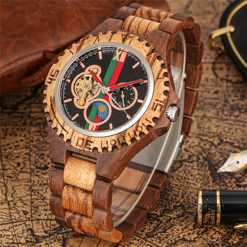 Men’s Wooden Automatic Watch Full Wooden Bracelet Wristwatch Folding Clasp Gifts