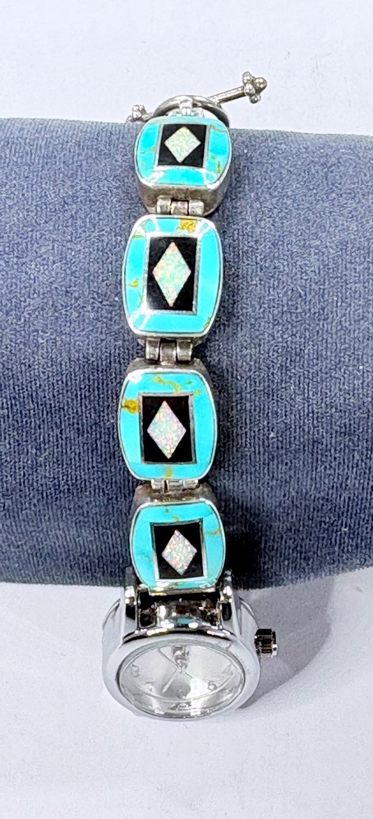 Southwest Style Women’s Bracelet Watch~Sterling, Turquoise, Lab Opal-New/Refurb.