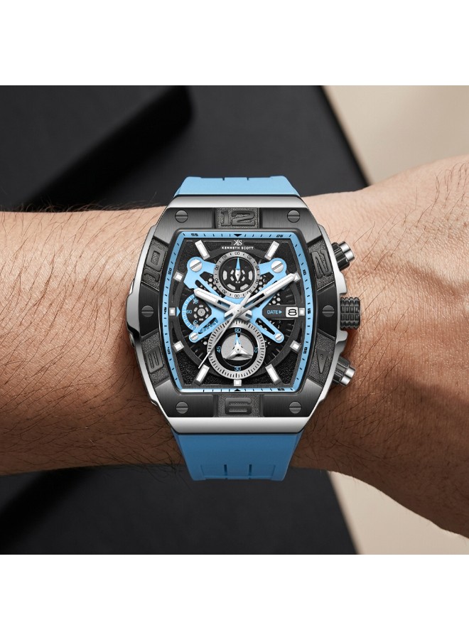 Kenneth Scott Men’s Chronograph Watch | Black Dial, Black Case, Blue Band, 44mm