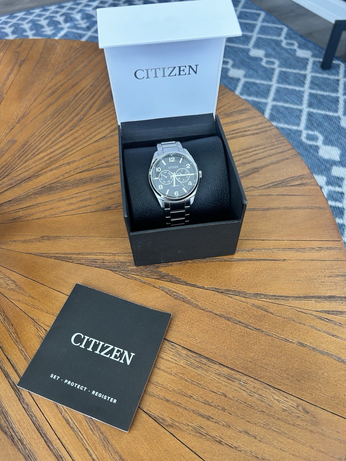 Citizen Eco-Drive Chronograph Quartz Black Dial Silver SS Bracelet 100m Box