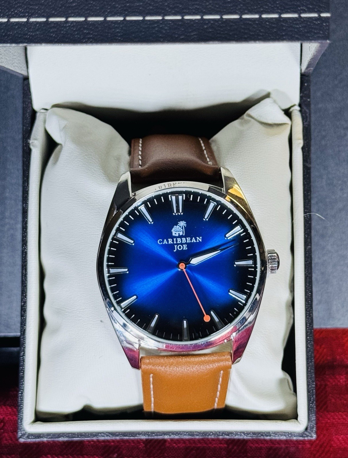 CARIBBEAN JOE -🔥 MENS ISLAND & BEACH WATCH / BLUE FACE – BROWN LEATHER BAND
