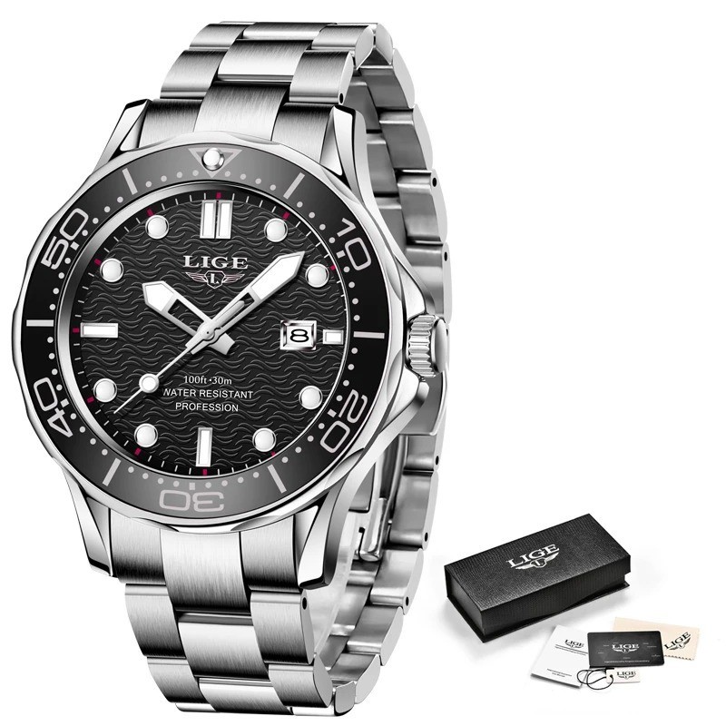 44MM LIGE Luxury Quartz Watch Men’s Diver Stainless 30M Waterproof Luminous NEW