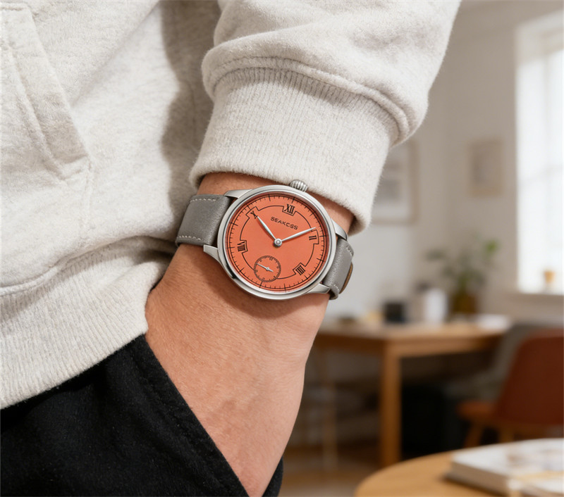 SEAKOSS Manual Wind Mechanical Watch Orange Roman Dial Small Seconds Gray Leathe