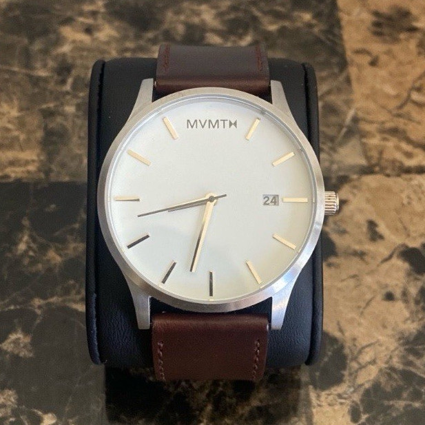 MVMT Men’s Watch – Analog Quartz 45mm Silver Case White Dial Brown Leather Date