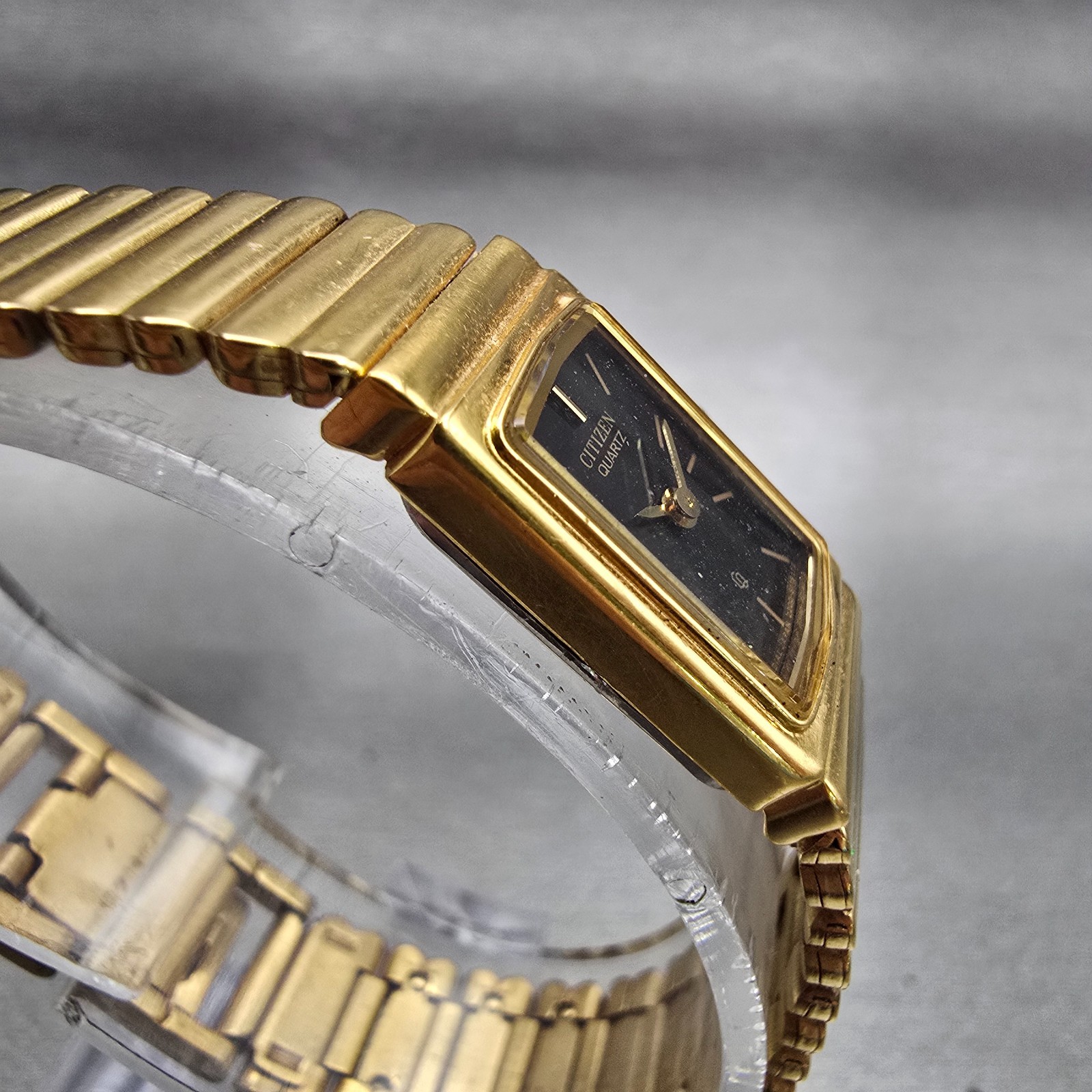 Citizen CQ Watch Women 13mm Black Dial Gold Tone Rectangle 2200-S11917 New Batt