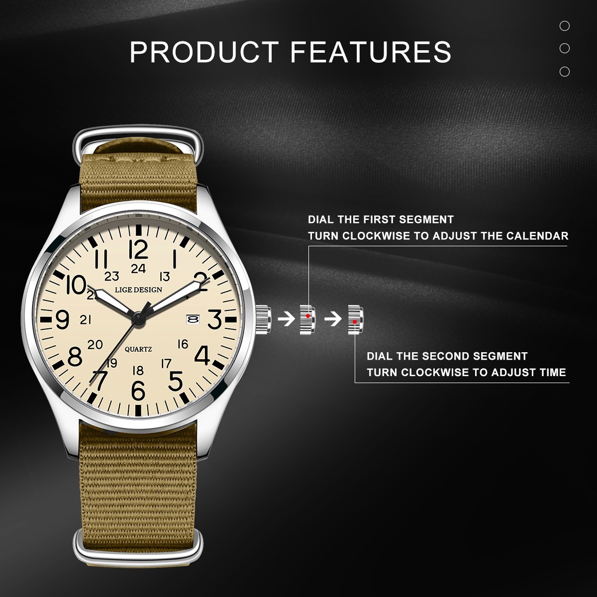 LIGE Men Sports Watch Luminous 3ATM Waterproof Nylon Band Quartz Boys Wristwatch